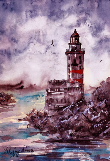 Arte digitale intitolato "Lighthouse. Sakhali…" da Irina Shilina Canvas, Opera d'arte originale, Acquarello