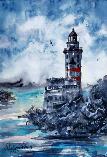 Цифровое искусство под названием "Lighthouse. Sakhali…" - Irina Shilina Canvas, Подлинное произведение искусства, Акварель