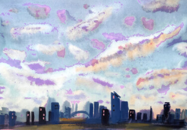 Digitale Kunst mit dem Titel "Blue city" von Irina Shilina Canvas, Original-Kunstwerk, Aquarell