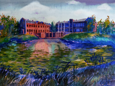 Digitale Kunst mit dem Titel "The manor and swamp" von Irina Shilina Canvas, Original-Kunstwerk, Aquarell