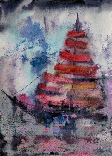 Digitale Kunst mit dem Titel "Scarlet Sails" von Irina Shilina Canvas, Original-Kunstwerk, Aquarell