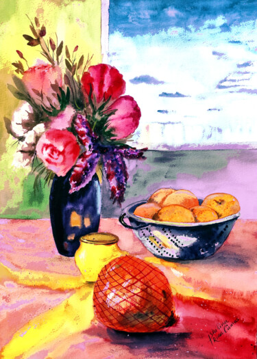 Arte digital titulada "Flowers fruits honey" por Irina Shilina Canvas, Obra de arte original, Acuarela