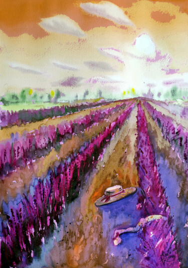 Digitale Kunst getiteld "Lavender field" door Irina Shilina Canvas, Origineel Kunstwerk, Aquarel