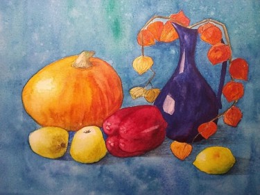 Painting titled "Still-life with pum…" by Irina Shu, Original Artwork, Watercolor