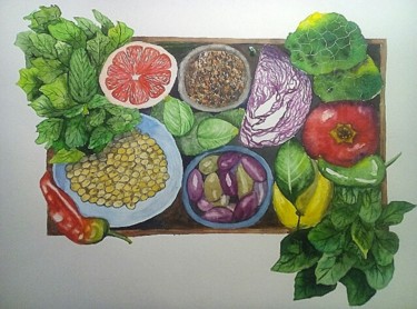 Painting titled "Food busket" by Irina Shu, Original Artwork, Watercolor
