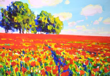 Painting titled "Poppy field." by Irina Sidorovich, Original Artwork, Acrylic Mounted on Wood Stretcher frame