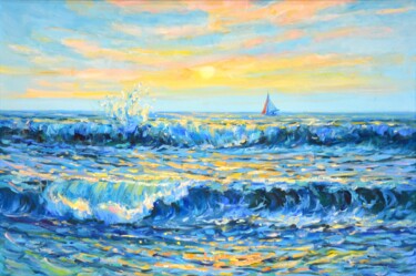 Peinture intitulée "Sea. Sunset. Yacht" par Irina Sidorovich, Œuvre d'art originale, Huile Monté sur Châssis en bois