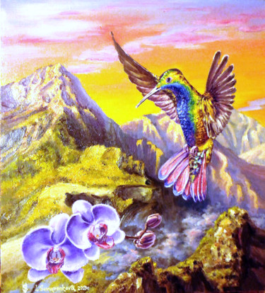 Painting titled "Machupicchu flying…" by Irina Sumanenkova, Original Artwork, Oil Mounted on Wood Stretcher frame