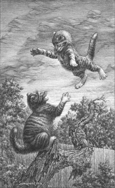 Zeichnungen mit dem Titel "Flying kitten. Orig…" von Irina Sumanenkova, Original-Kunstwerk, Marker