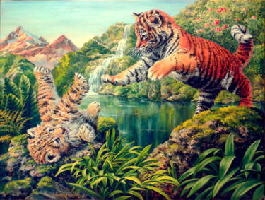 Painting titled "Somewhere in jungle…" by Irina Sumanenkova, Original Artwork, Oil Mounted on Wood Stretcher frame