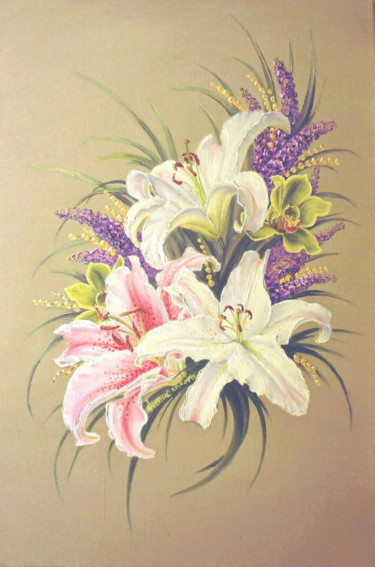 제목이 "Lilies and orchids.…"인 미술작품 Irina Sumanenkova로, 원작, 기름 나무 들것 프레임에 장착됨