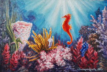 Painting titled "Fragile seahorse wo…" by Irina Sumanenkova, Original Artwork, Oil Mounted on Wood Stretcher frame