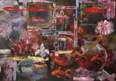 Картина под названием "flowers and goldfish" - Irina Tuzhilina, Подлинное произведение искусства