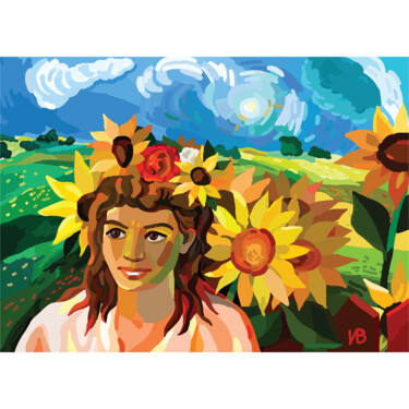 Digitale Kunst mit dem Titel "woman and sunflowers" von Irina Vanina, Original-Kunstwerk, 2D digitale Arbeit