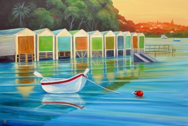 Painting titled "Boat Sheds" by Irina Velman, Original Artwork, Acrylic