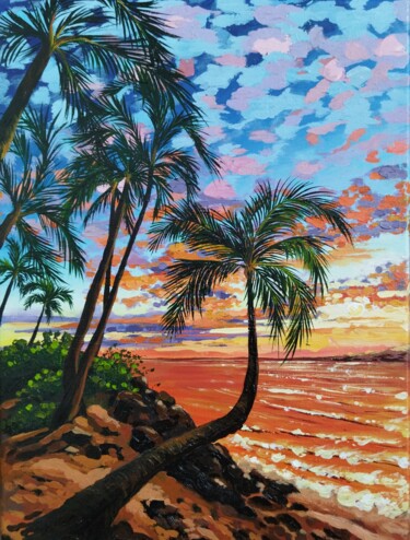 Schilderij getiteld "Tropical sunset" door Irina Vishnevetskaia, Origineel Kunstwerk, Acryl Gemonteerd op Frame voor houten…