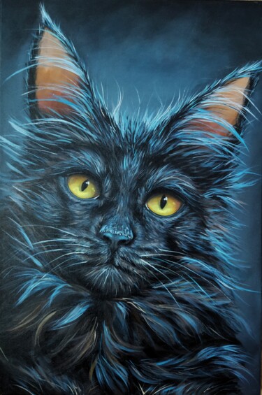 Painting titled "Black cat" by Irina Vishnevetskaia, Original Artwork, Acrylic Mounted on Wood Stretcher frame