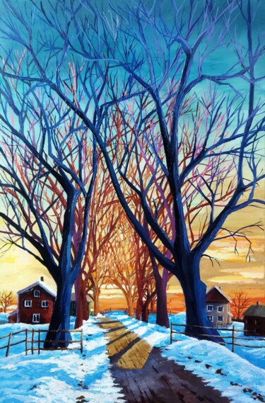 Malarstwo zatytułowany „Winter sunset” autorstwa Ирина Вишневецкая, Oryginalna praca, Akryl Zamontowany na Drewniana rama no…