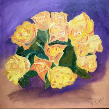Картина под названием "Оранжевые розы на ф…" - Irina Voloshina, Подлинное произведение искусства, Масло