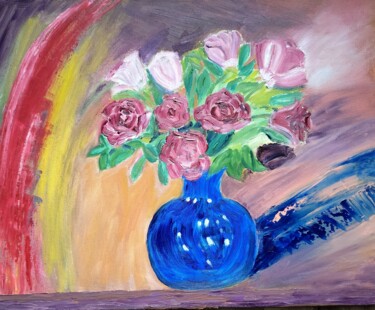 Malerei mit dem Titel "Букет роз в синей в…" von Irina Voloshina, Original-Kunstwerk, Öl Auf Keilrahmen aus Holz montiert