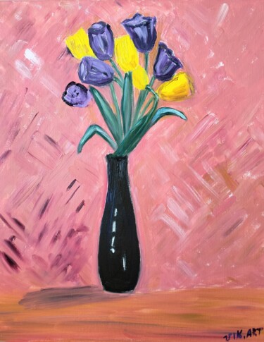 Картина под названием "Тюльпаны в черной в…" - Irina Voloshina, Подлинное произведение искусства, Масло Установлен на Деревя…