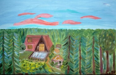 Картина под названием "Дом в лесу" - Irina Voloshina, Подлинное произведение искусства, Масло Установлен на Деревянная рама…