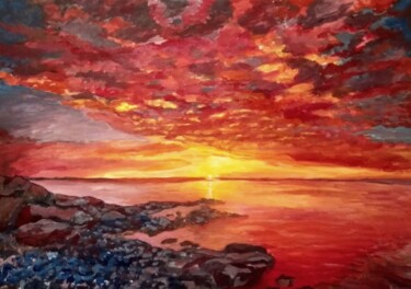 Картина под названием "Закат на озере Байк…" - Irina Zaitseva, Подлинное произведение искусства, Акрил Установлен на Деревян…