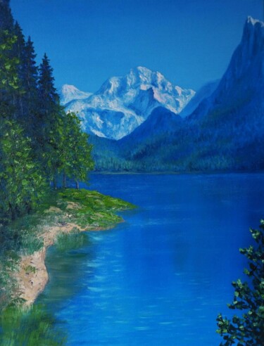 Painting titled "Blue mountains" by Irina Zakharova, Original Artwork, Oil Mounted on Wood Stretcher frame