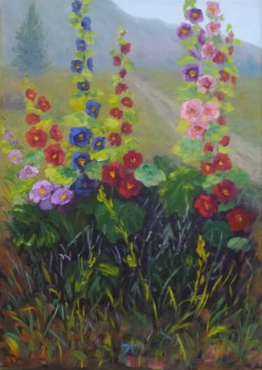 Painting titled "Mallow flowers" by Irina Zakharova, Original Artwork, Oil Mounted on Wood Stretcher frame