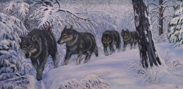 Peinture intitulée "A pack of wolves" par Irina Zakharova, Œuvre d'art originale, Huile Monté sur Châssis en bois
