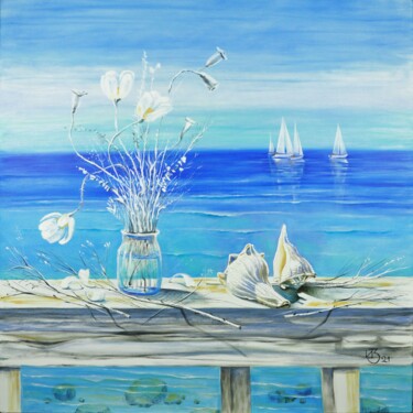Painting titled ""Very quiet PACIFIC…" by Irina Zarubina, Original Artwork, Oil Mounted on Wood Stretcher frame