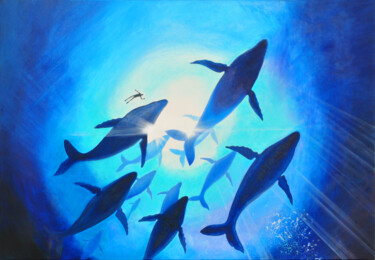 Painting titled ""Man, Whales and th…" by Irina Zarubina, Original Artwork, Oil Mounted on Wood Stretcher frame