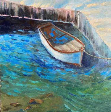 Painting titled "The boat is at the…" by Irina Shepchenko, Original Artwork, Oil