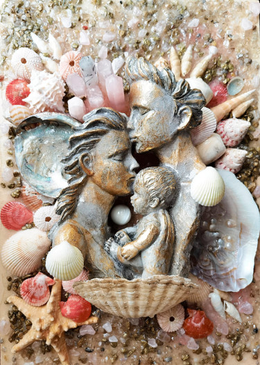 Mother Father Child - wall sculpture painting Sculpture titled "Mother Father Child…" by Irina Bast, Original Artwork, Stone Mounted on Wood Panel