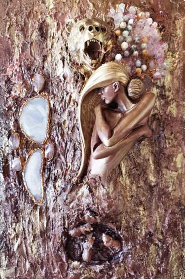 Woman Bear Fantasy tree wall art. Natural crystals gemstones Sculpture titled "Woman Bear Fantasy…" by Irina Bast, Original Art, Clay Mounted on Wood Panel