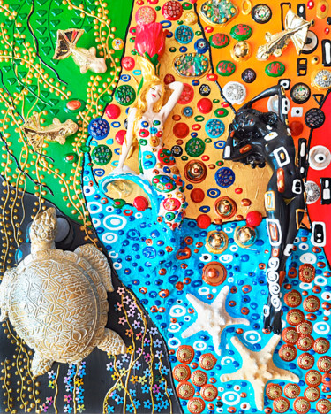 Mermaids Sculpture painting Gustav Klimt - gemstones mosaic Sculpture titled "Mermaids Sculpture…" by Irina Bast, Original Artwork, Ceramics Mounted on Wood Panel