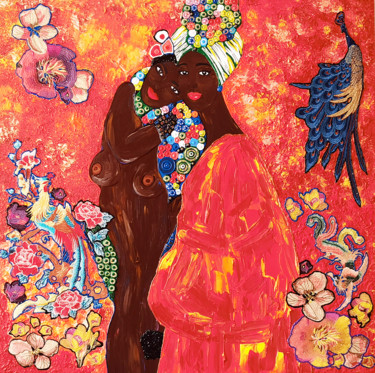 Black women Friends. New Gustav Klimt - red painting canvas Картина под названием "Black women Friends…" - Irina Bast, Подлинное произведение искусства, Акрил Установлен на Подрамник