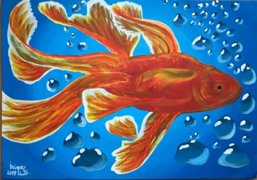Painting titled "Goldfish in the wat…" by Irina Bbota, Original Artwork, Acrylic Mounted on Wood Stretcher frame