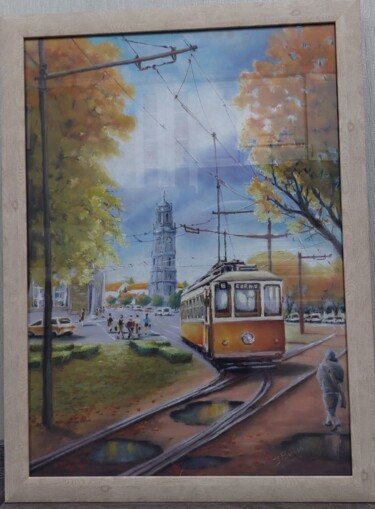 Painting titled "Tram in the street…" by Irina Beiu, Original Artwork, Pastel Mounted on Other rigid panel