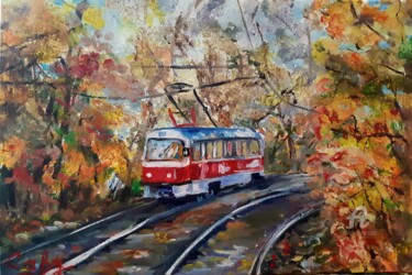 Painting titled "tram d'automne" by Irina Caby, Original Artwork, Oil