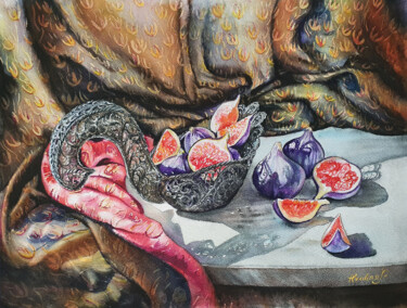 Painting titled "Figs in lace" by Hvalina Irina, Original Artwork, Watercolor