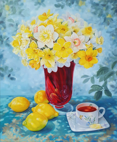 Painting titled "Daffodils and Lemons" by Hvalina Irina, Original Artwork, Oil Mounted on Wood Stretcher frame