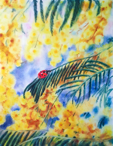 Painting titled "Mimosa" by Hvalina Irina, Original Artwork, Watercolor Mounted on Wood Stretcher frame