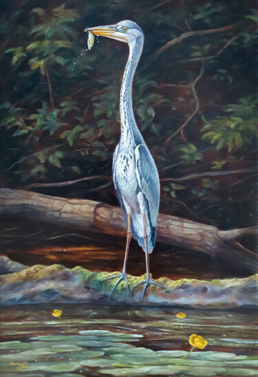 Painting titled "Heron on a fishing…" by Hvalina Irina, Original Artwork, Oil