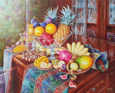 Painting titled "Gifts of the tropics" by Hvalina Irina, Original Artwork, Oil Mounted on Wood Stretcher frame