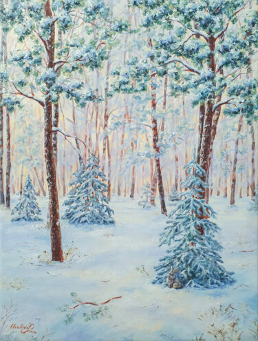 Painting titled "Snow covered forest" by Hvalina Irina, Original Artwork, Oil Mounted on Wood Stretcher frame