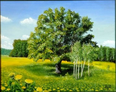 Картина под названием "Дуб. Одуванчики цве…" - Ирина Крючкова, Подлинное произведение искусства, Масло