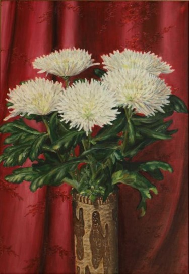 Картина под названием "Белые хризантемы" - Ирина Крючкова, Подлинное произведение искусства, Масло