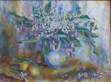 Картина под названием "Ландыши и лимоны" - Irene Kruglov, Подлинное произведение искусства, Масло