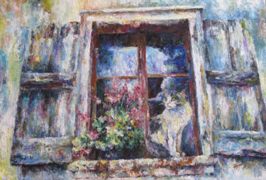 Картина под названием "Кот на окошке" - Irene Kruglov, Подлинное произведение искусства, Масло